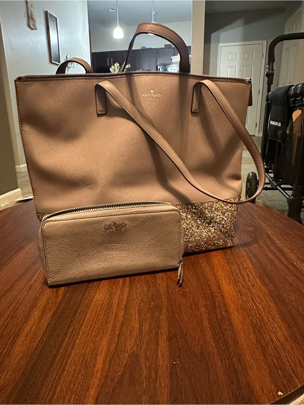 kate spade taupe tote with gold glitter base and matching wallet